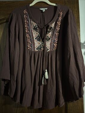 FRYE and CO Boho Peasant Blouse Bell Sleeves Flowy Burgundy/Brow Color Size XL